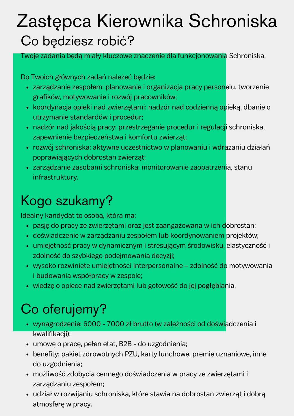 Aktualności - Schronisko dla Bezdomnych Zwierząt w Świdnicy - Poszukujemy na stanowisko: Zastępca Kierownika ds. zarządzania zespołem i opieki nad zwierzętami!